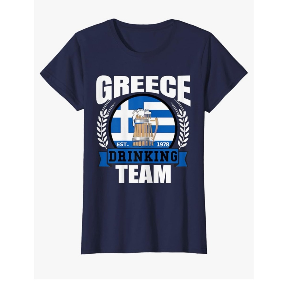 Greece Drinking Team Blue Flag Short Sleeve Tee Shirt Top Size Medium